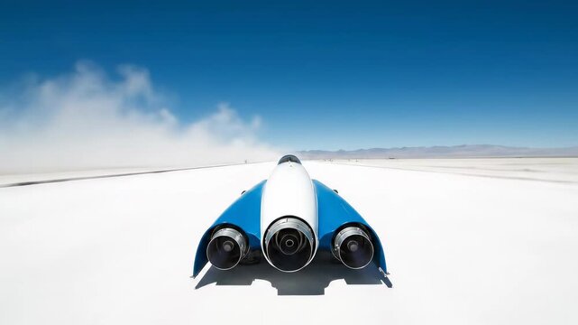 Streamlined racing vehicle speeding across salt flats