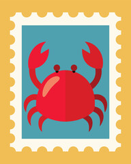 Vector art of a red crab illustration in a postage stamp frame against a blue background, perfect for summer themed designs