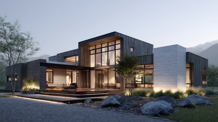 modern Scandinavian-style house with large windows, minimal landscaping, photorealistic lighting and textures 