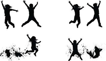 Happy children jumping silhouette with ink splash effect, energetic kids in motion expressing joy, freedom, and playful artistic design illustration