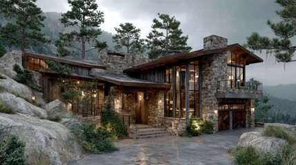 mountain modern home with stone and wood design, surrounded by pine trees, cloudy atmosphere, realistic mood 