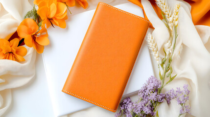Orange wallet leather minimalist studio product mockup white seamless floral elegant with soft joy, orange wallet leather minimalist studio product mockup white seamless with floral accent