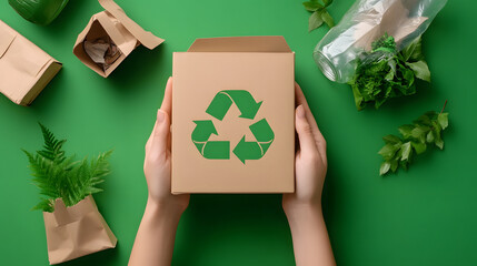 Eco friendly packaging recycling symbol brown paper box green background sustainable concept hands holding zero waste reuse reduce eco lifestyle