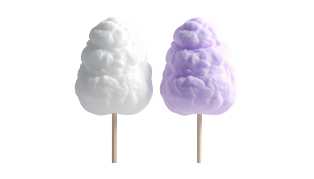 Fluffy 3D Cotton Candy Duo on Sticks, Isolated on Transparent Background