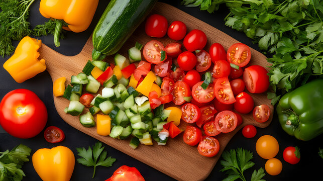 Colorful vegetable salad prep on wooden board fresh tomato cucumber bell pepper zucchini parsley cherry tomato diced vegetable