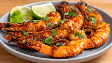 Grilled prawn spicy glaze garlic lime wedge cilantro close up rustic plate seafood golden brown succulent flavor. Grilled prawn with spicy glaze and garlic rustic plate cilantro garnish and lime