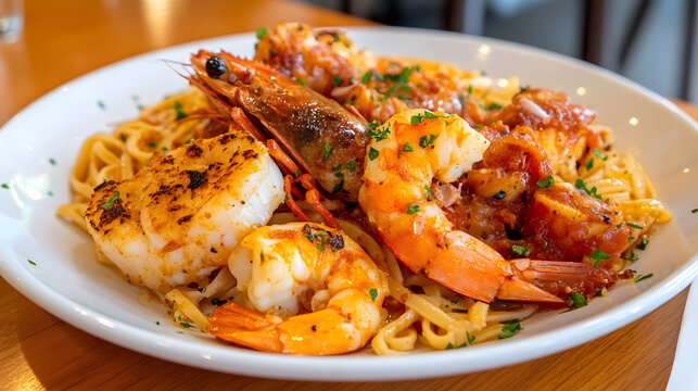 Seafood pasta shrimp prawn scallop linguine tomato garlic herb butter comforting seafood pasta with shrimp, prawn, and seared scallop over linguine tomato garlic butter sauce, garnished with fresh - Powered by Adobe