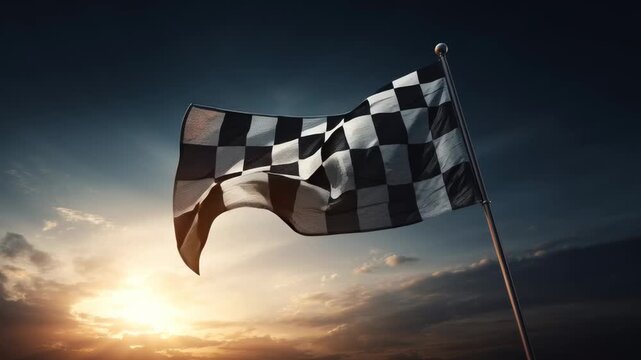 A checkered flag waving against a sunset sky.