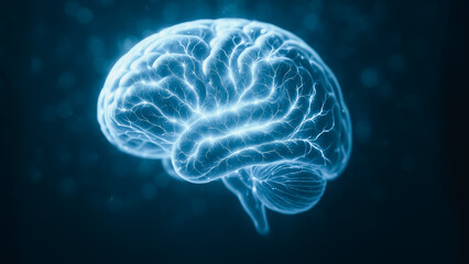 A digitally illuminated human brain pulses with a luminous glow, signifying intellect and cognitive activity, representing human mind.