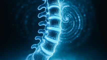 A striking image of the spine, illuminated with a glowing effect, symbolizing health, anatomy, and the complexities of the human body. 