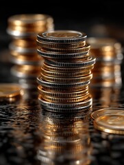 Shimmering Stacked Coins Reflections: Macro Financial Growth Imagery