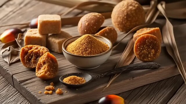 Organic Jaggery - Natural Sweetener in Various Forms on Rustic Wooden Board.
