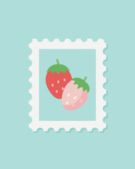 Vector art of two fresh strawberries in a white frame on a blue background, a delightful and vibrant illustration for any project