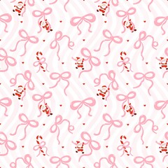 Coquette Christmas Pattern, Santa with Bows Seamless Festive Wallpaper Texture, Christmas Bows bakcground