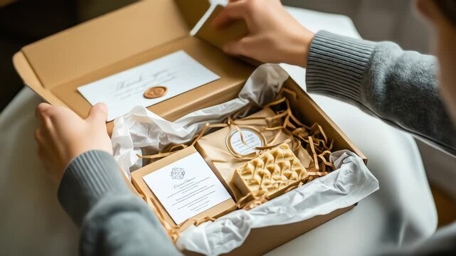 A person unboxes a thoughtfully curated gift box with handmade soap and an elegant thank you card