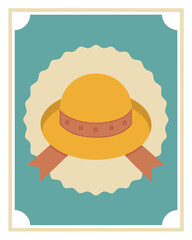 Vector art of a yellow sun hat with a brown ribbon sits on a creamcolored, scalloped circle against a teal background