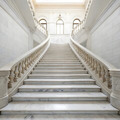 Fototapeta premium Elegant marble staircase with ornate balustrade isolated on white or transparent background