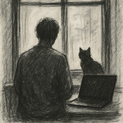 A person and a cat sit by the window with a laptop, contemplating the view outside in a charcoal sketch