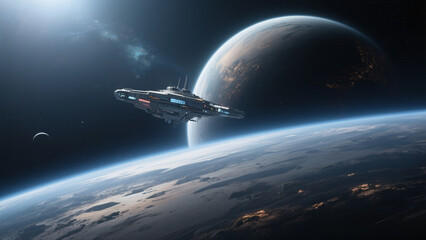 Obraz premium Futuristic Space Station Orbiting a Ringed Gas Giant Planet with Moons and Cosmic Landscape