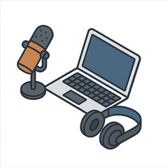Fototapeta premium Isometric illustration of a home studio setup for podcasting and streaming, featuring a laptop, microphone, and headphones