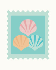 Vector art of three colorful seashells arranged in a triangular pattern inside a decorative postage stamp