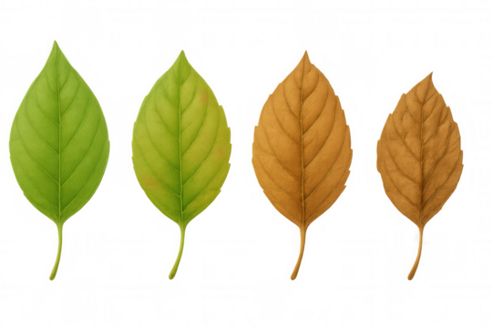 Green leaves transforming to brown autumn foliage showing the seasonal cycle and aging process of nature