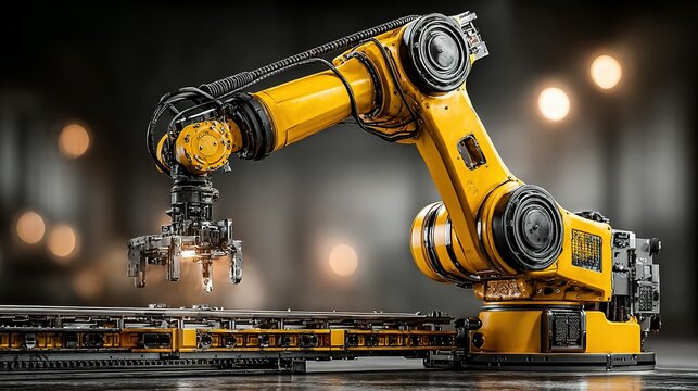 Yellow robotic arm on conveyor belt in industrial setting with blurred background.
