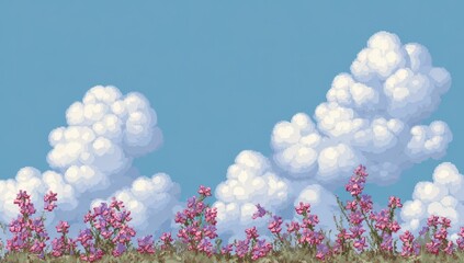 Pastel pixel art scene of billowing clouds, blooming wildflowers, and clear blue sky