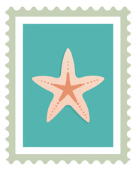 Vector art of starfish on a postage stamp with a green background and a light green border with a scalloped edge design