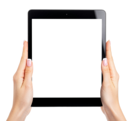 Front View Female Hands Holding Digital Tablet with Transparent Screen, Realistic Lighting, High Detail, PNG Isolated Background