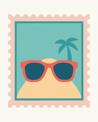 Vector art of a cute summer stamp with sunglasses on a sand dune and a palm tree in the background on a