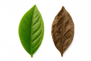 Green and dry leaf illustrating life cycle, growth, aging, and natural process on transparent background