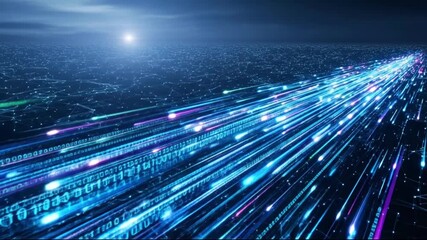 A simple visual of rapid data vibrant light trails illustrate digital information flowing across a global network, symbolizing advanced technology and future communication - Powered by Adobe