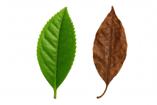 Green leaf and dry brown leaf symbolizing life, growth, death, decay, and the cycle of nature on transparent background