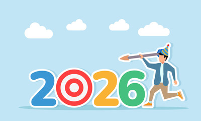 Man wearing a party hat running with an arrow aiming to hit a target board shaped like zero in the number 2026 illustration of appreciation for New Year 2026 celebration