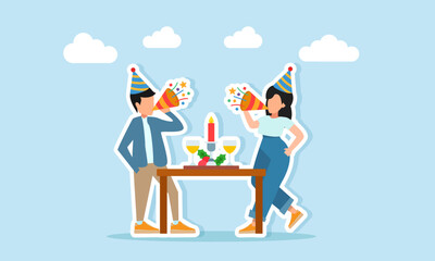 Man and woman wearing party hats blowing trumpets together near a table decorated with candles and glasses illustration of a celebration or festival event