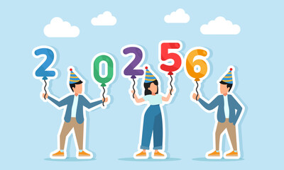 Man and woman wearing party hats carrying number 2025 followed by another man holding number 6 illustration of appreciation for New Year 2026 celebration