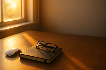 Cozy Workspace Sunlight on a Desk with Book, Glasses, and Mouse, a Moment of Stillness