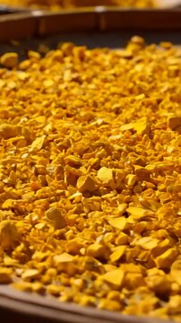 Close-Up of Bright Yellow Dried Turmeric Root Pieces Drying in the Sun