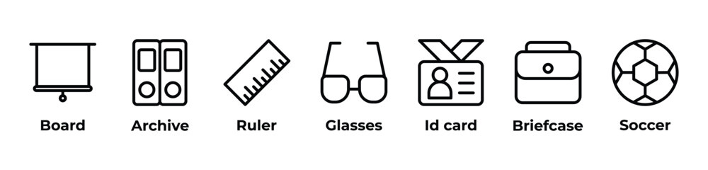 From Boards to Briefcases Icons set vector illustration with Board, Archive, Ruler, Glasses, Id card, Briefcase, Soccer