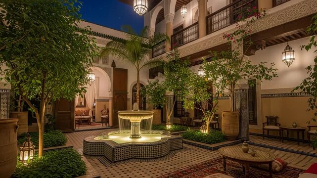 Enchanting Moroccan Riad Courtyard with Illuminated Fountain at Night.