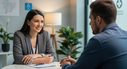 A woman in a suit and tie smiling at a man in a suit and tie in an office setting.