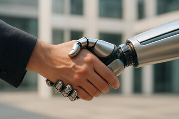 Horizontal view of male hand shaking robot hand outdoors. Blurred background of white building. Modern technologies. Connection of human and artificial intelligence. Future concept