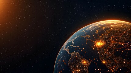Obraz premium The image features an interconnected Earth with city lights glowing brightly at night, against a dark background filled with stars, suggesting a global network.