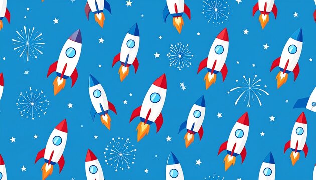 Red, white, blue rockets & fireworks on a blue background