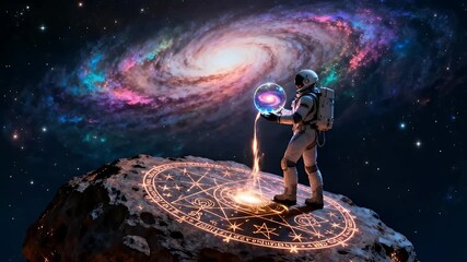 An astronaut in deep space pouring magic energy from a crystal orb to create a glowing sigil on an asteroid - Powered by Adobe