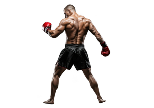 Muscular fighter with boxing gloves isolated on transparent background