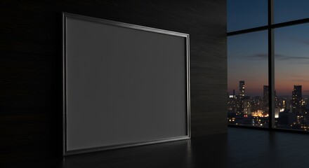 Fototapeta premium Dark interior featuring an empty frame and a cityscape view at dusk, creating artistic mood.