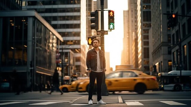 Thoughtful Man in Denim Jacket Observing Blurred City Life at Sunset - Powered by Adobe