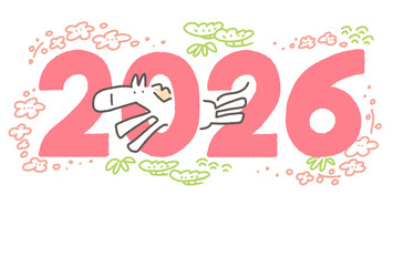 2026のロゴとかわいい白馬とパステルカラーの花飾りの年賀状イラスト　正月素材　和風・松竹梅